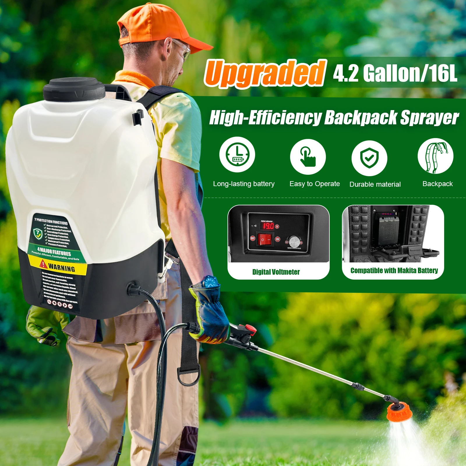 4 Gallon Backpack Sprayer 16L Battery Powered Garden Sprayer 9